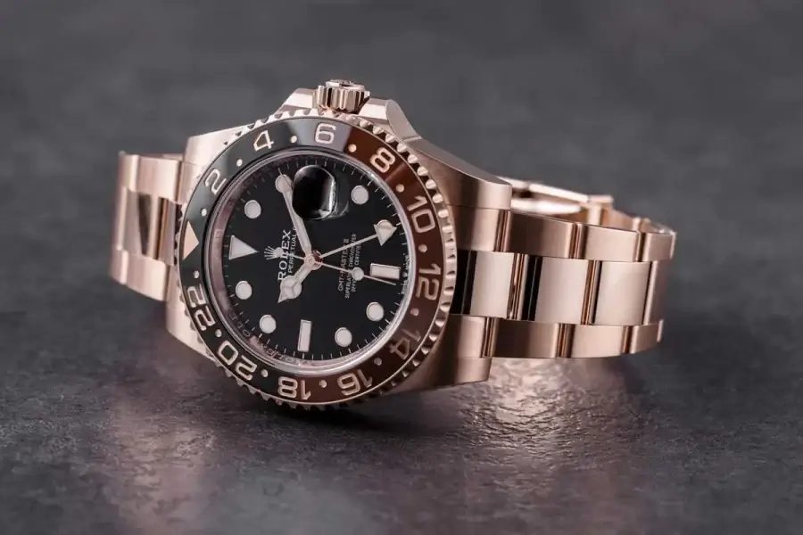 1 rolex gmtmaster ii rose gold 40mm black dial brownblack ceramic bezel oyster bracelet 126715chnr