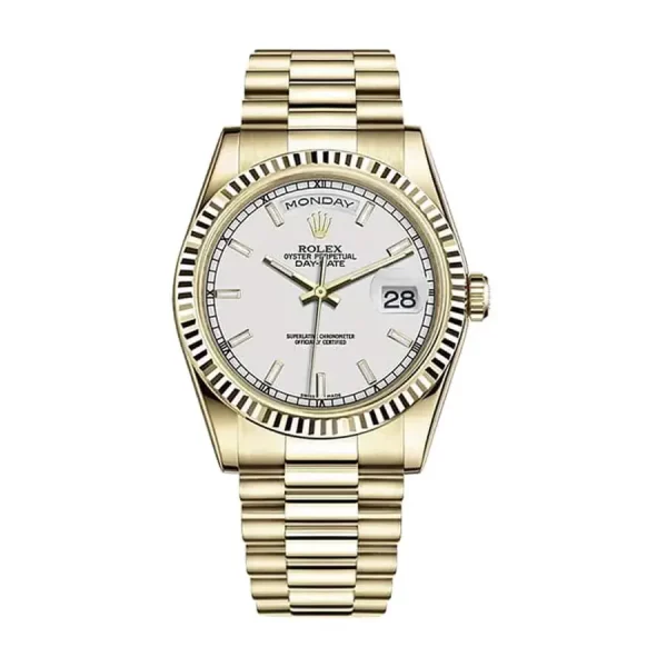rolex daydate 41mm yellow gold white index dial fluted bezel president bracelet 118238