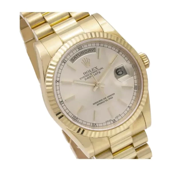 2 rolex daydate 41mm yellow gold white index dial fluted bezel president bracelet 118238