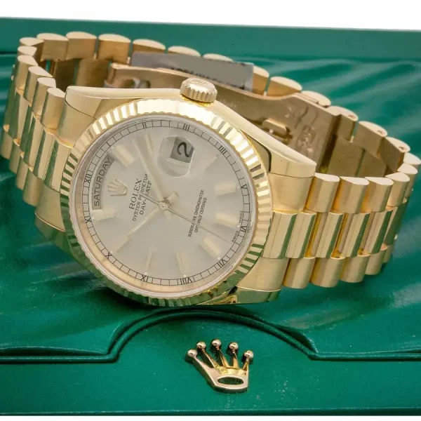 4 rolex daydate 41mm yellow gold white index dial fluted bezel president bracelet 118238
