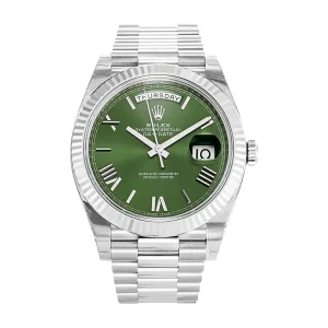rolex daydate 40 olive green roman dial fluted bezel white gold president automatic mens watch 228239