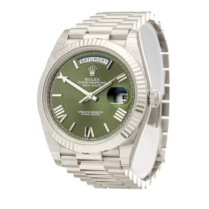 2 rolex daydate 40 olive green roman dial fluted bezel white gold president automatic mens watch 228239