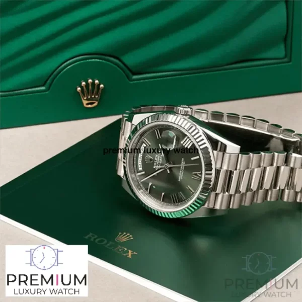 7 rolex daydate 40 olive green roman dial fluted bezel white gold president automatic mens watch 228239