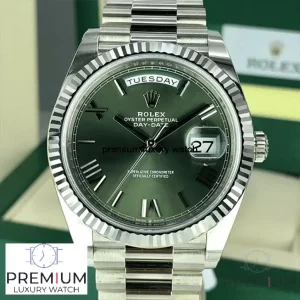 8 rolex daydate 40 olive green roman dial fluted bezel white gold president automatic mens watch 228239