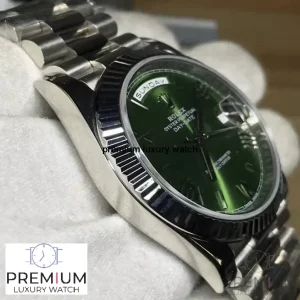 9 rolex daydate 40 olive green roman dial fluted bezel white gold president automatic mens watch 228239