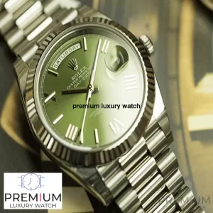 10 rolex daydate 40 olive green roman dial fluted bezel white gold president automatic mens watch 228239
