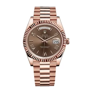 Rolex Day Date 41Mm President Rose Gold Fluted Bezel Chocolate Roman Dial Mens Watch 228235