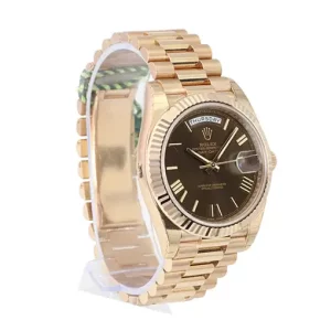 4-Rolex Day Date 41Mm President Rose Gold Fluted Bezel Chocolate Roman Dial Mens Watch 228235