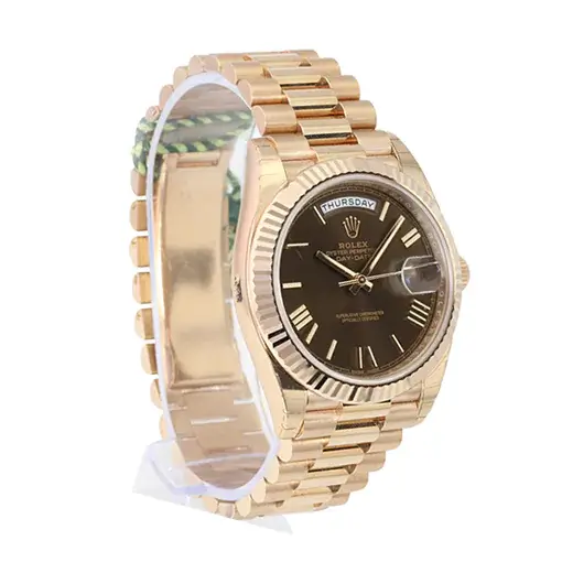 4 rolex day date 41mm president rose gold fluted bezel chocolate roman dial mens watch 228235 1