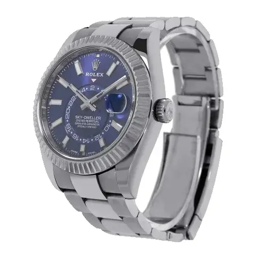 1 rolex skydweller stainless steel 42mm blue index dial fluted white gold bezel oyster bracelet 326934