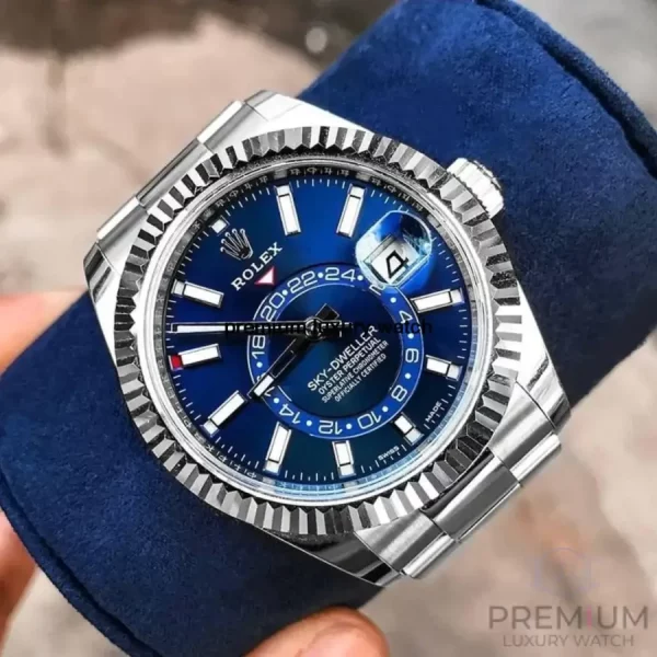 4 rolex skydweller stainless steel 42mm blue index dial fluted white gold bezel oyster bracelet 326934