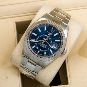 5 rolex skydweller stainless steel 42mm blue index dial fluted white gold bezel oyster bracelet 326934