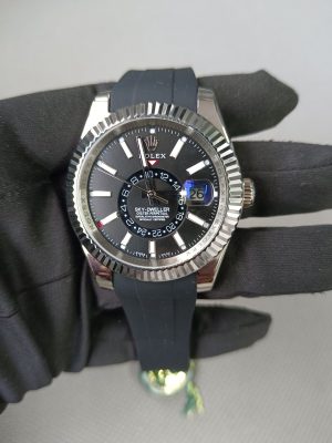 new rolex skydweller white gold bright black index dial fluted bezel oysterflex rubber strap 336239
