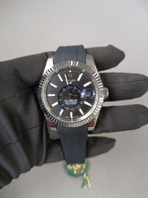 4-New Rolex Skydweller White Gold Bright Black Index Dial Fluted Bezel Oysterflex Rubber Strap 336239