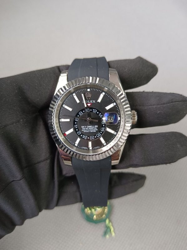 4 new rolex skydweller white gold bright black index dial fluted bezel oysterflex rubber strap 336239