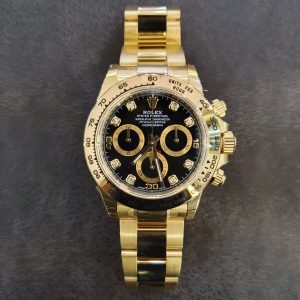 2 rolex daytona yellow gold 40mm black diamond dial yellow gold bezel oyster bracelet 116508