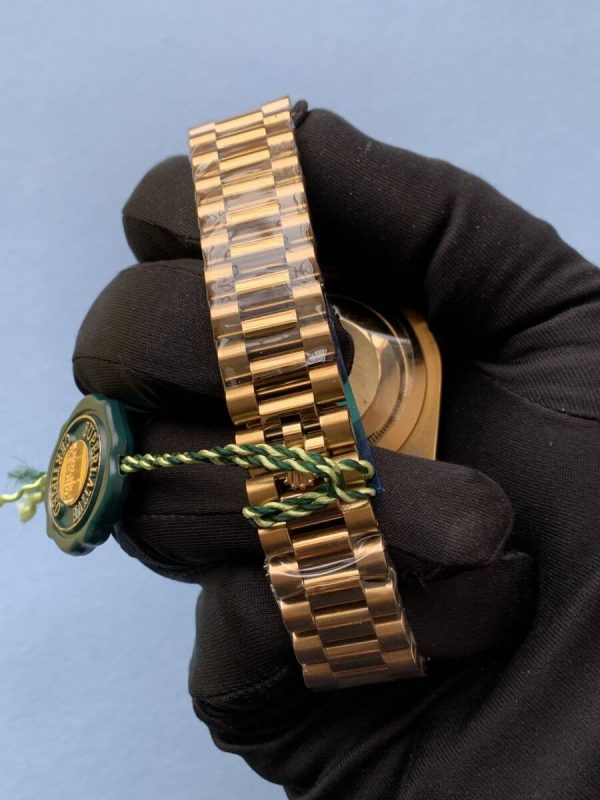 4 rolex daydate 41 yellow gold black index dial diamond bezel president bracelet