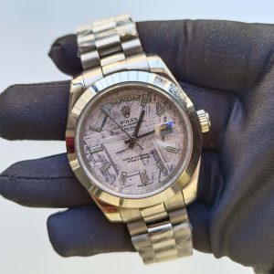 rolex daydate 40 platinum meteorite diamond dial cowboys bezel president bracelet 228206 wrist watch