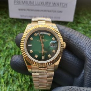 4-Rolex Day Date 41Mm President Yellow Gold Fluted Bezel Shadow Green Diamond Dial Mens Watch