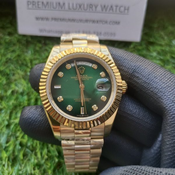 4 rolex day date 41mm president yellow gold fluted bezel shadow green diamond dial mens watch 1