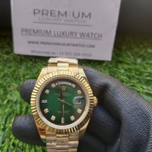 7 rolex day date 41mm president yellow gold fluted bezel shadow green diamond dial mens watch 1