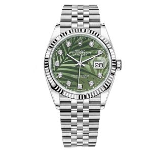 rolex datejust olive green palm motif diamond dial 41mm jubilee stainless steel wrist mens watch