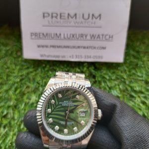 3 rolex datejust olive green palm motif diamond dial 41mm jubilee stainless steel wrist mens watch