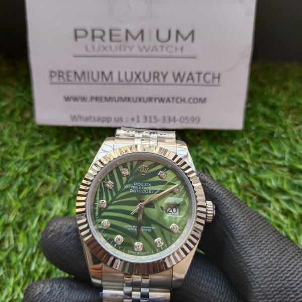 5 rolex datejust olive green palm motif diamond dial 41mm jubilee stainless steel wrist mens watch