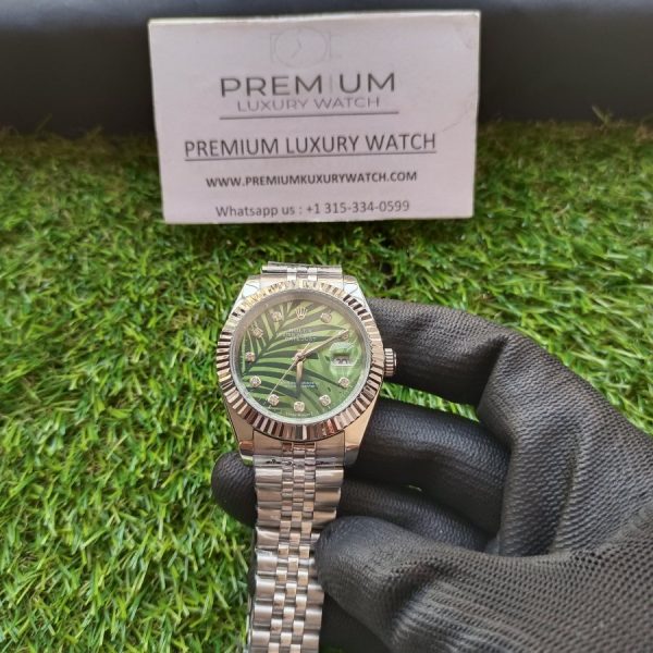 9 rolex datejust olive green palm motif diamond dial 41mm jubilee stainless steel wrist mens watch