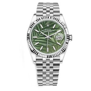 rolex datejust olive green palm motif dial 41mm jubilee stainless steel wrist mens watch