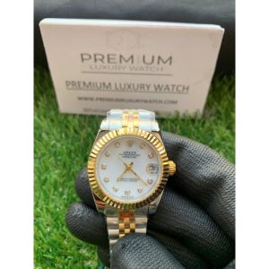 rolex lady datejust 31mm yellow goldsteel white mop dial with diamond marker oyster perpetual jubilee bracelet watch