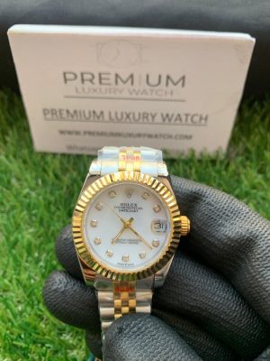 1 rolex lady dateASSOCIATION 31mm yellow goldsteel white mop dial with diamond marker oyster perpetual jubilee bracelet watch