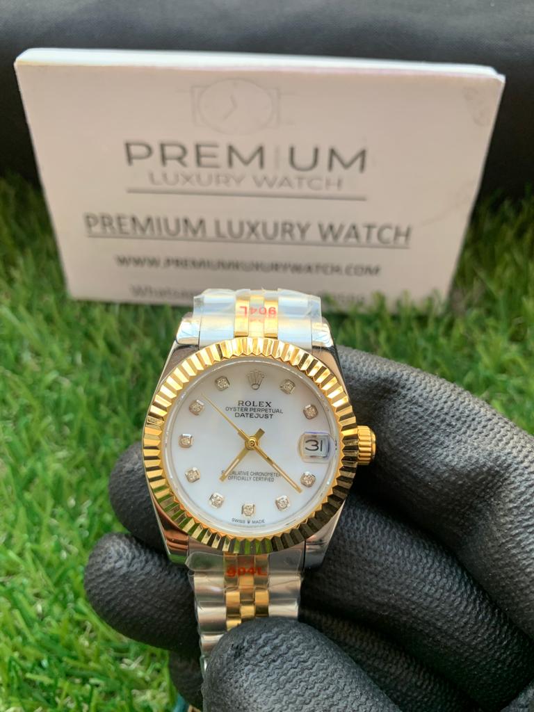 1 rolex lady datejust 31mm yellow goldsteel white mop dial with diamond marker oyster perpetual jubilee bracelet watch