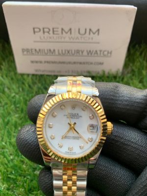 2 rolex lady datejust 31mm yellow goldsteel white mop dial with diamond marker oyster perpetual jubilee bracelet watch