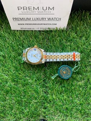 6 rolex lady datejust 31mm yellow goldsteel white mop dial with diamond marker oyster perpetual jubilee bracelet watch