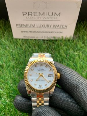 7 rolex lady datejust 31mm yellow goldsteel white mop dial with diamond marker oyster perpetual jubilee bracelet watch