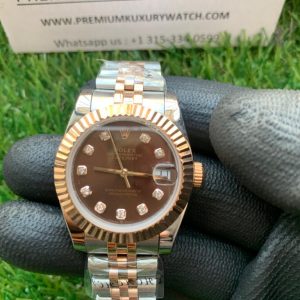 2 rolex lady datejust 31mm steel and everose gold chocolate dial diamond wrist watch