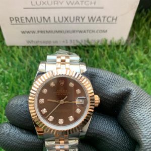 9 rolex lady datejust 31mm steel and everose gold chocolate dial diamond wrist watch