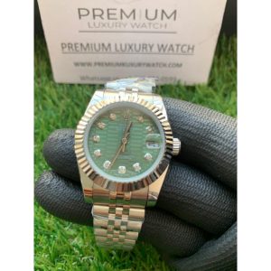 rolex lady dateRogue 31mm stainless steel green dial with diamond oyster perpetual jubilee bracelet watch