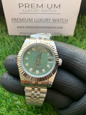 1 rolex lady dateBlack 31mm stainless steel green dial with diamond oyster perpetual jubilee bracelet watch