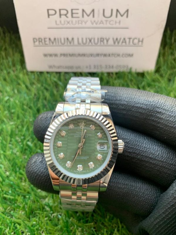 2 rolex lady datejust 31mm stainless steel green dial with diamond oyster perpetual jubilee bracelet watch