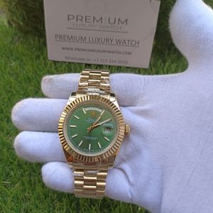 4 rolex yellow gold daydate 41mm watch fluted bezel green index dial president bracelet