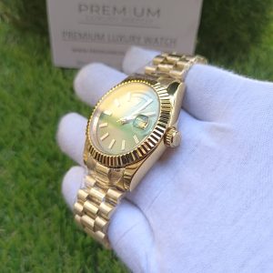 5 rolex yellow gold daydate 41mm watch fluted bezel green index dial president bracelet