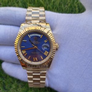 rolex day date 41mm president yellow gold fluted bezel blue roman dial mens watch