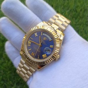 1 rolex day date 41mm president yellow gold fluted bezel blue roman dial mens watch