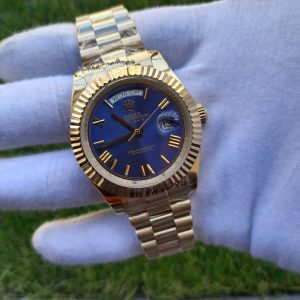 7 rolex day date 41mm president yellow gold fluted bezel blue roman dial mens watch