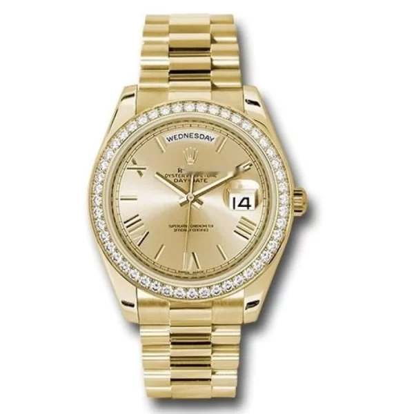 rolex daydate ii yellow gold champagne diamond 41mm roman dial diamond bezel president bracelet watch