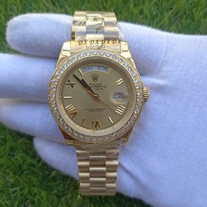 1 rolex daydate ii yellow gold champagne diamond 41mm roman dial diamond bezel president bracelet watch