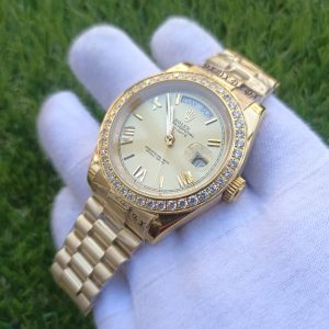 3 rolex daydate ii yellow gold champagne diamond 41mm roman dial diamond bezel president bracelet watch