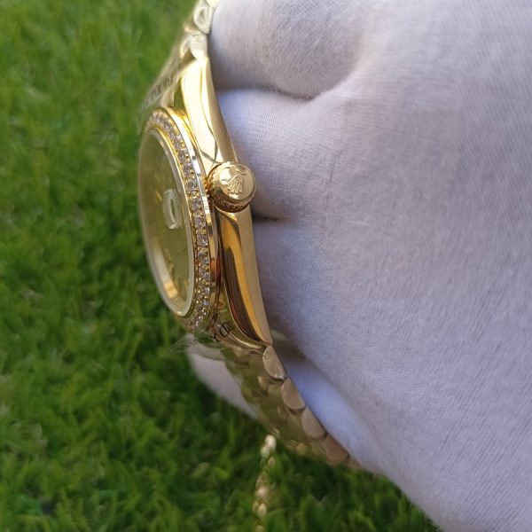 6 rolex daydate ii yellow gold champagne diamond 41mm roman dial diamond bezel president bracelet watch